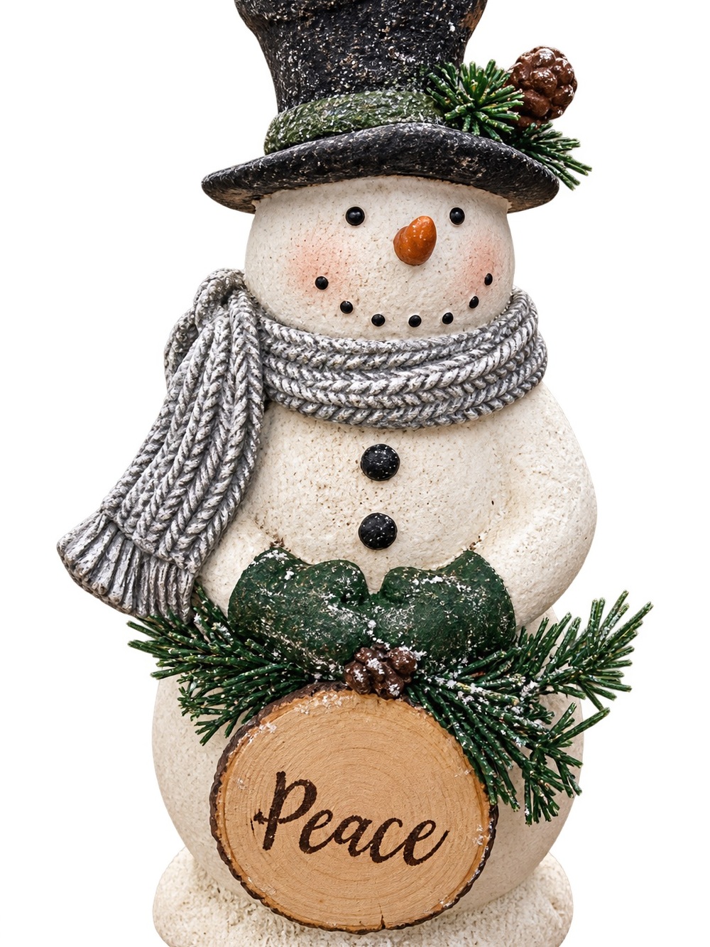 Holiday Snowman Figurine with Gray Scarf and Green Accents - Peace Sign